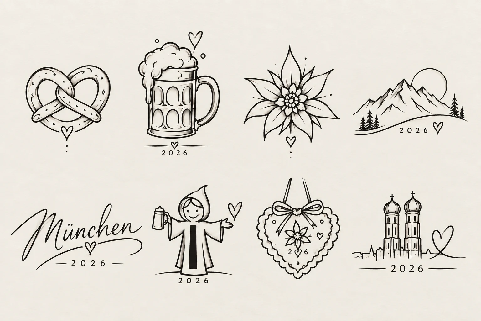 Acht kleine Oktoberfest-Memory-Tattoo-Designs 2026: Brezn-Herz, Bierkrug, Edelweiss, Alpen, Schriftzug München, Münchner Kindl, Lebkuchenherz, Frauenkirche
